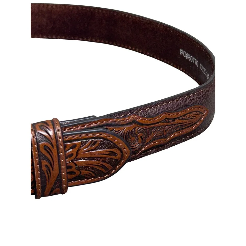 Nocona Western Belt Brown Leather Tooled Silvertone Longhorn Bull Buckle Size 28